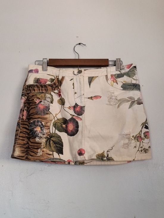 Roberto Cavalli Dresses & Skirts - Vintage Y2K  Roberto Cavalli Floral Tiger Print Denim Distressed Mini Skirt Sz S